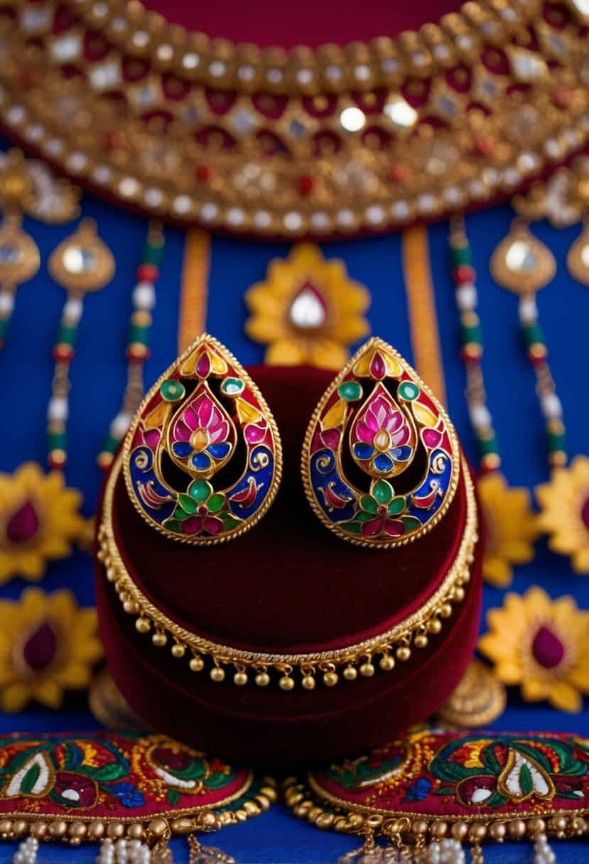 A pair of intricate Meenakari gold stud earrings, adorned with colorful enamel designs, displayed on a velvet cushion against a backdrop of traditional Indian wedding motifs