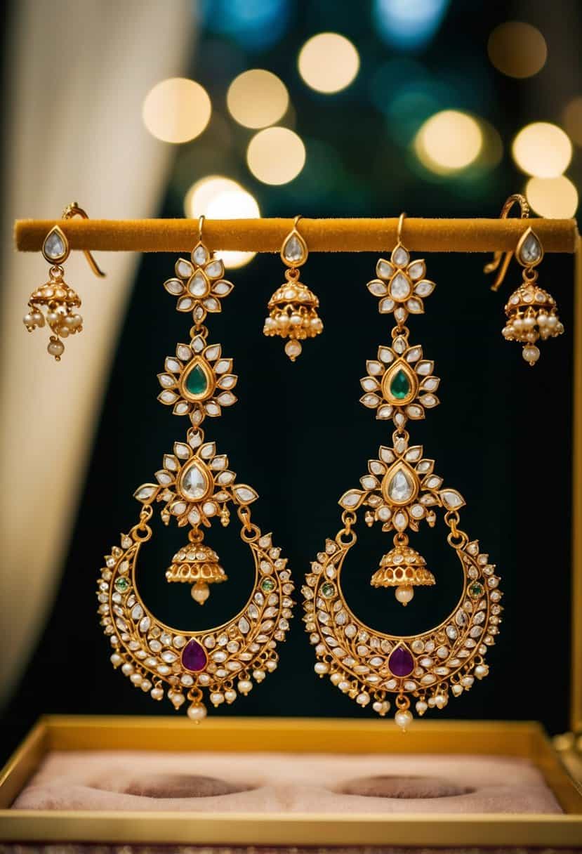 A pair of ornate Polki Gold Danglers hang from a velvet jewelry display, catching the light with intricate Indian wedding-inspired designs