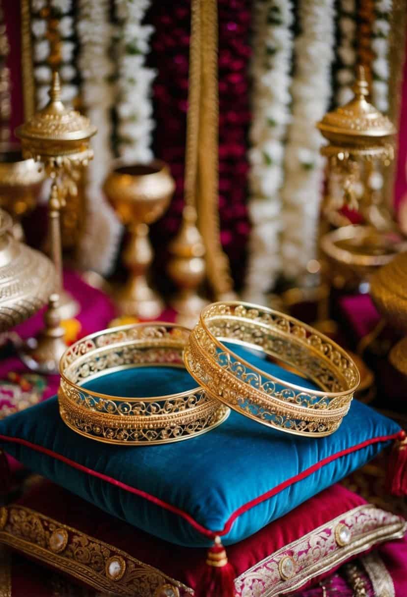 Two intricate gold filigree hoops displayed on a velvet cushion, surrounded by traditional Indian wedding decor