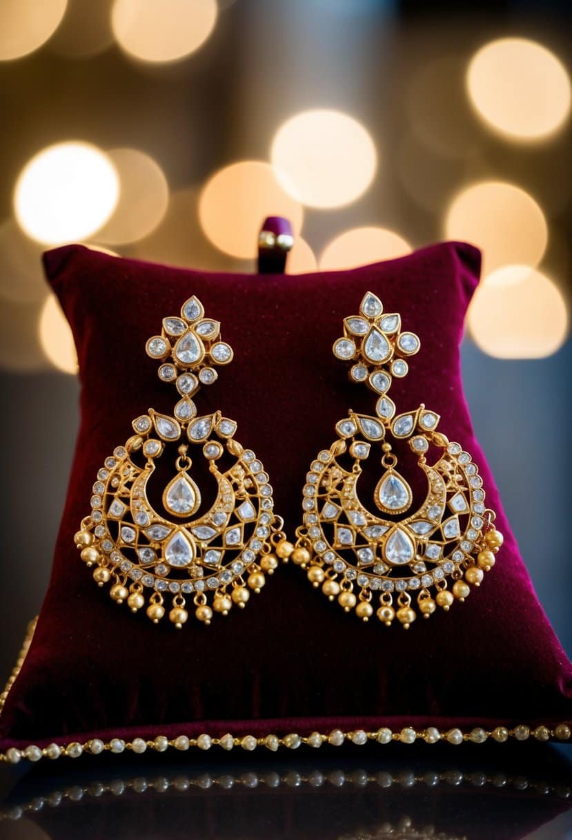 A pair of intricate gold Indian wedding earrings displayed on a velvet cushion with ornate details and sparkling gemstones