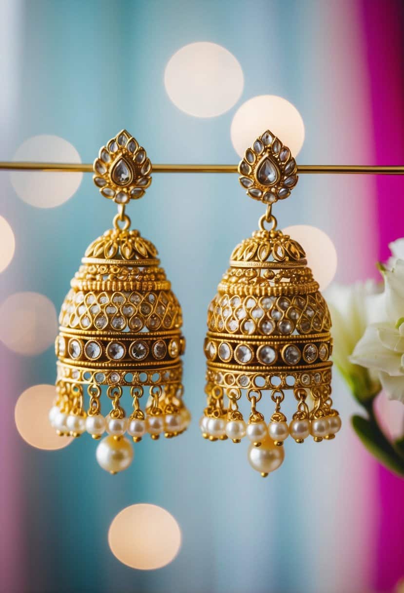 A pair of intricate gold Indian wedding earrings adorned with pearl-embedded drops