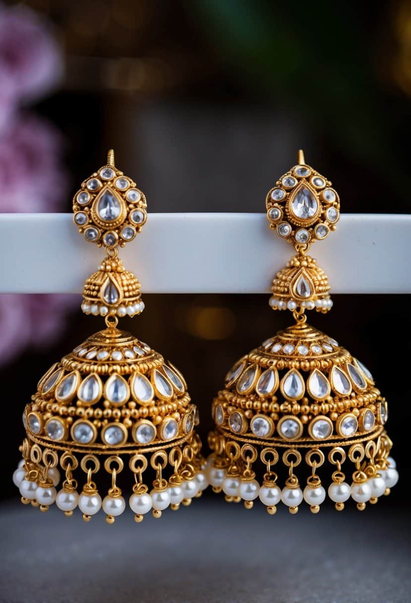 A pair of intricate gold jhumkas adorned with gold tassels and pearls, reflecting the opulence of Indian wedding jewelry