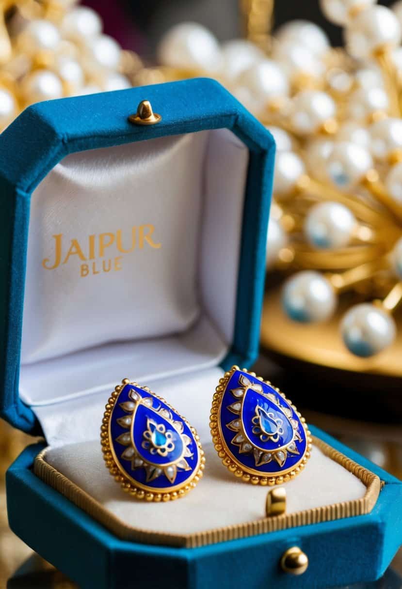 A pair of Jaipur Blue Enamel Earrings set in gold, with intricate Indian-inspired designs, displayed on a luxurious velvet jewelry box