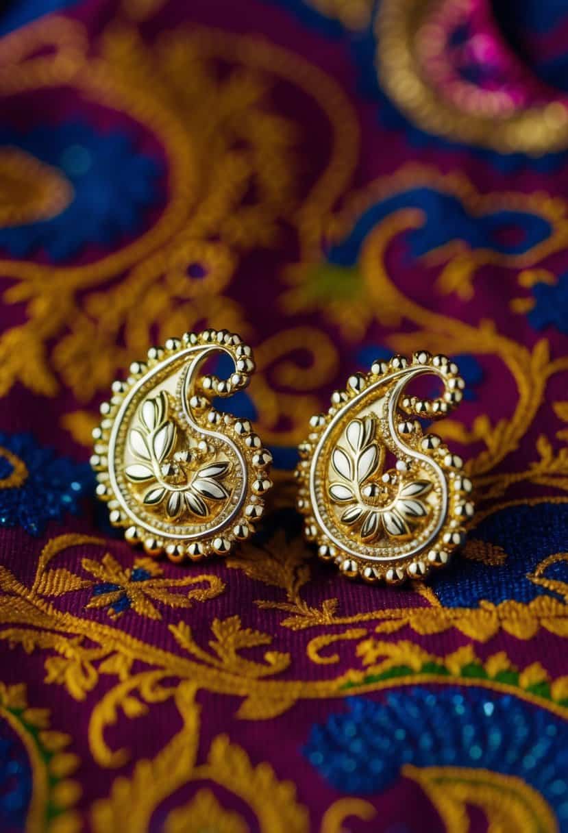 Two intricate 22K gold paisley studs, inspired by Indian wedding jewelry, gleam against a richly colored fabric backdrop