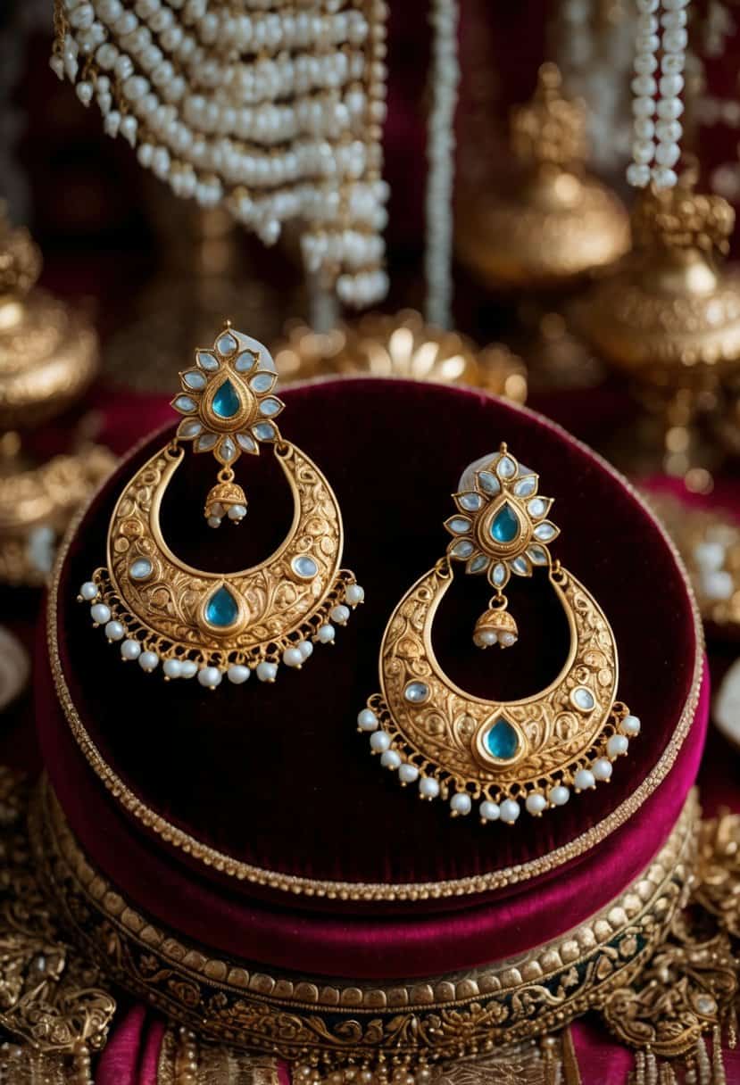 Two ornate gold Mughal bib earrings displayed on a velvet cushion, surrounded by intricate Indian wedding decor