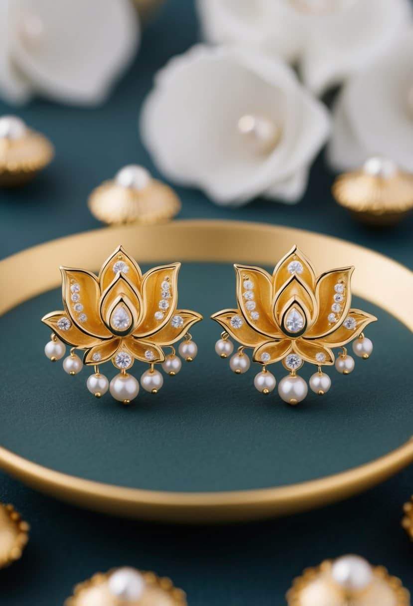 A pair of gold lotus studs adorned with pearls, inspired by traditional Indian wedding jewelry