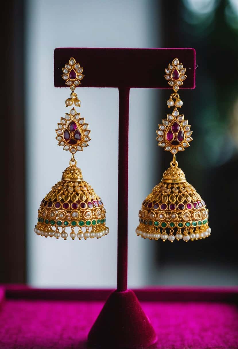 A pair of intricately designed gold and ruby jhumkas hanging from a velvet jewelry stand