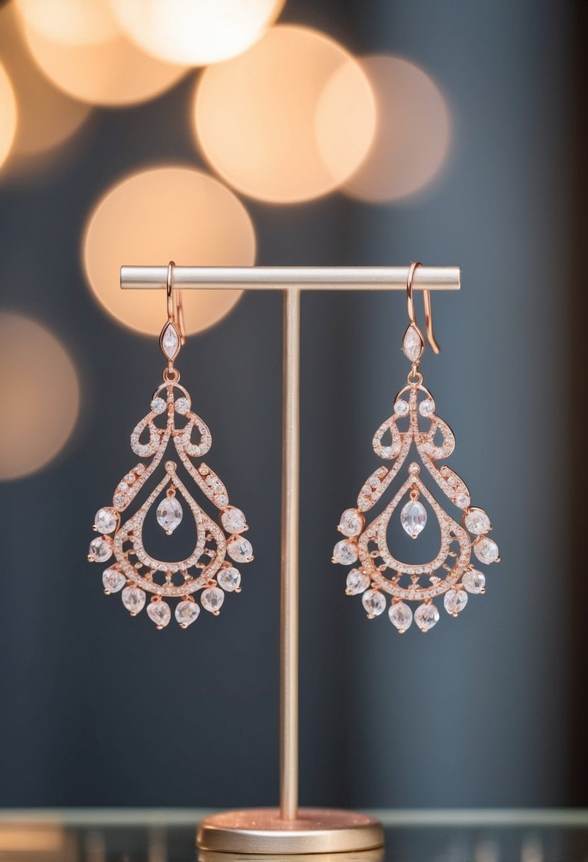 A pair of rose-gold chandelier earrings hanging from a delicate jewelry stand, catching the light and casting a warm, romantic glow