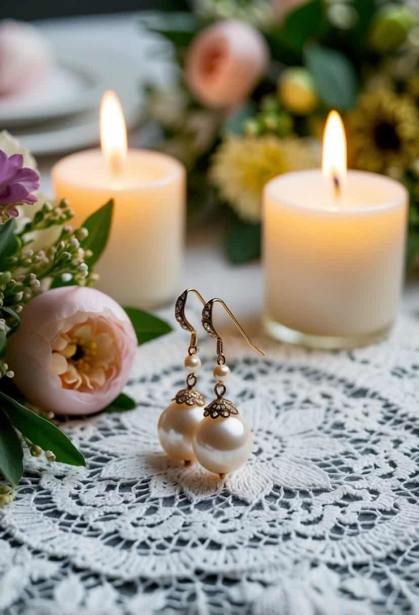 A delicate lace tablecloth adorned with vintage pearl drop earrings, surrounded by soft candlelight and fresh flowers