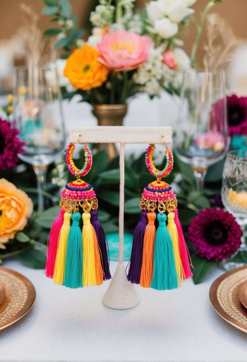 A table adorned with vibrant tassel hoop earrings, surrounded by bohemian decor and flowers, creating a whimsical and free-spirited wedding aesthetic