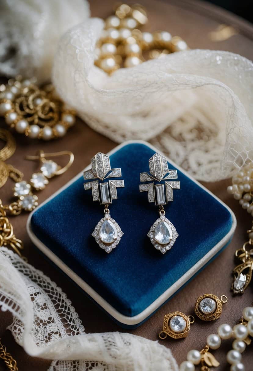 A pair of Art Deco-inspired wedding earrings displayed on a velvet cushion, surrounded by vintage jewelry and delicate lace fabric