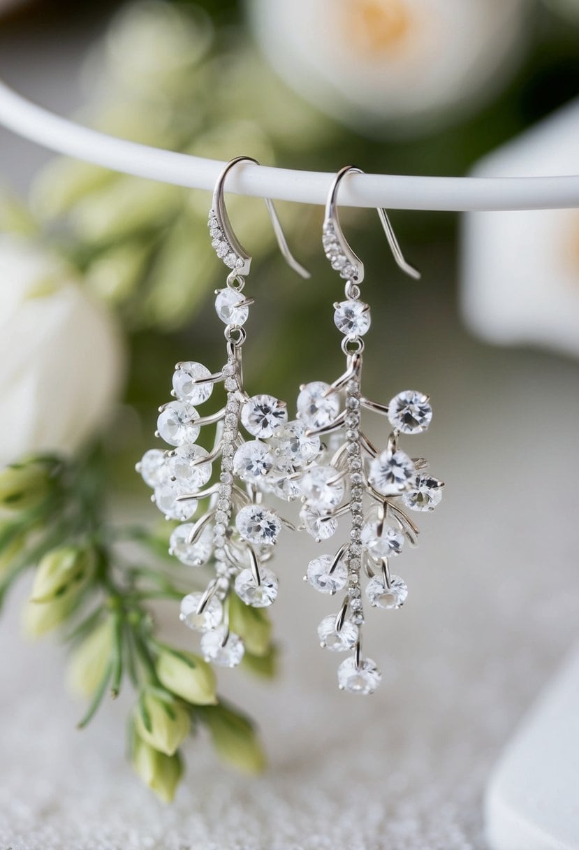 A close-up of delicate floral crystal clusters dangling from a pair of elegant wedding earrings