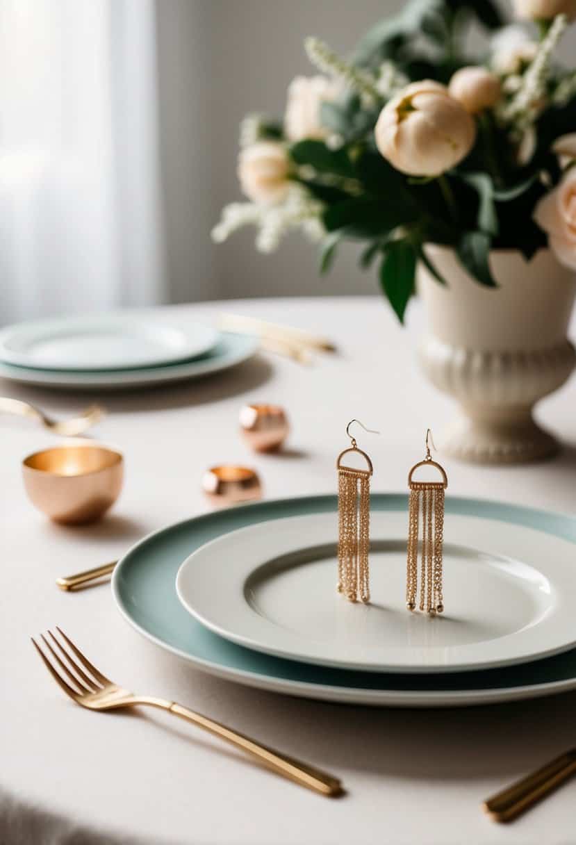 A simple, elegant table setting with delicate threader earrings and a soft color palette