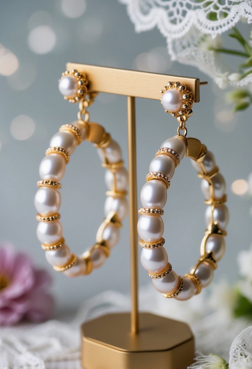 A pair of baroque pearl hoops dangle from a golden earring stand, surrounded by delicate lace and floral accents