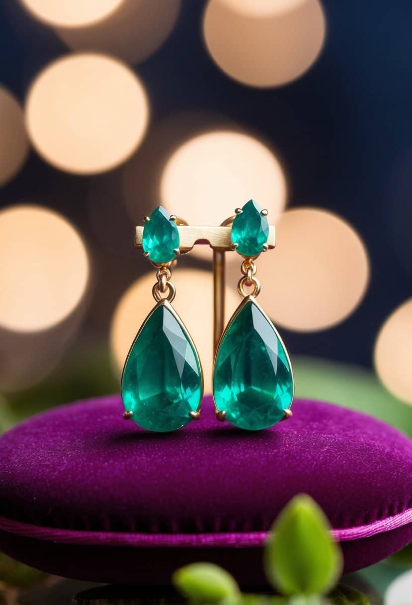 A pair of emerald teardrop earrings displayed on a velvet cushion with soft, romantic lighting