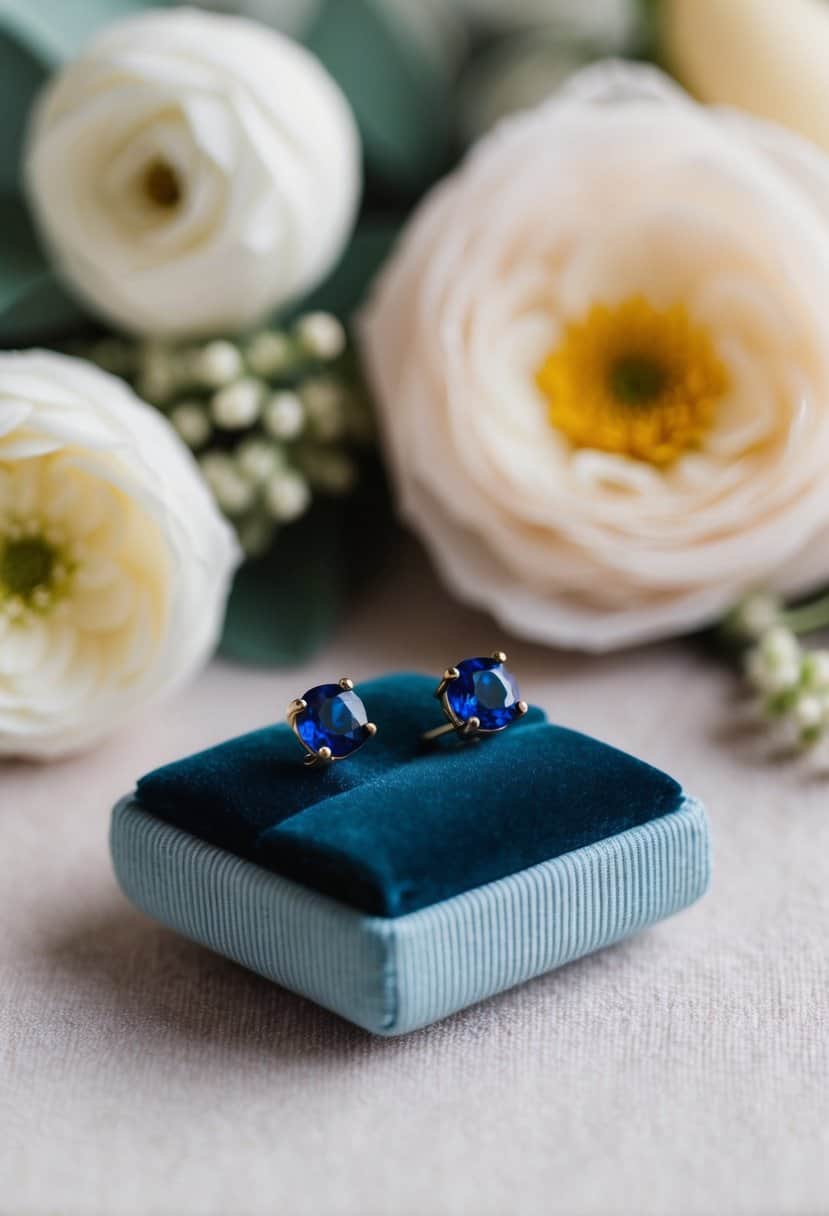 A pair of sapphire stud earrings placed on a velvet cushion in a soft, romantic setting with elegant floral accents