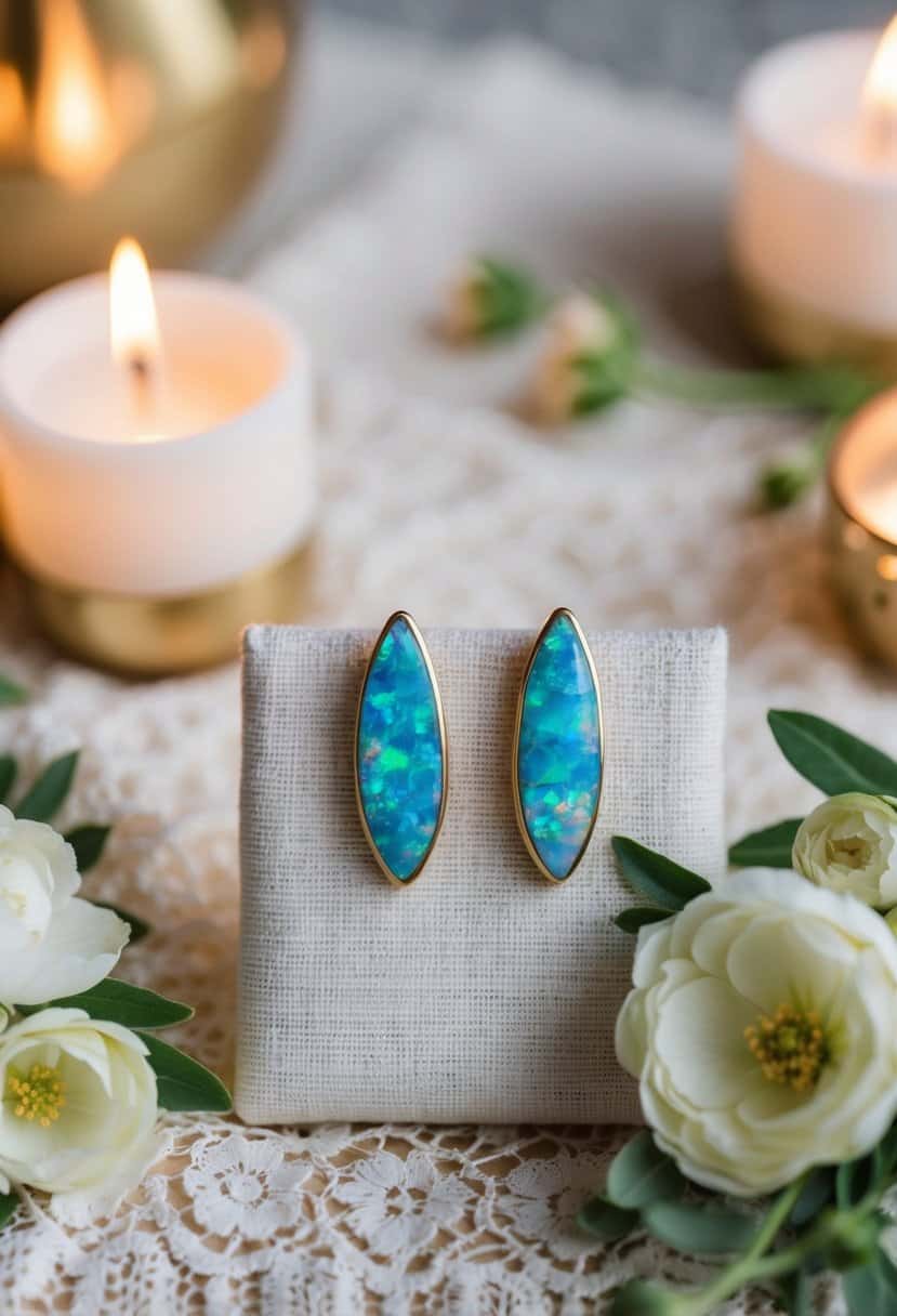 A pair of opal inlay earrings displayed on a delicate lace fabric, surrounded by soft candlelight and fresh flowers