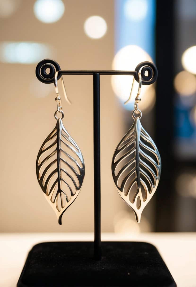 A pair of elegant leaf-shaped swirl earrings, delicately hanging from a display stand, catching the light with their intricate design