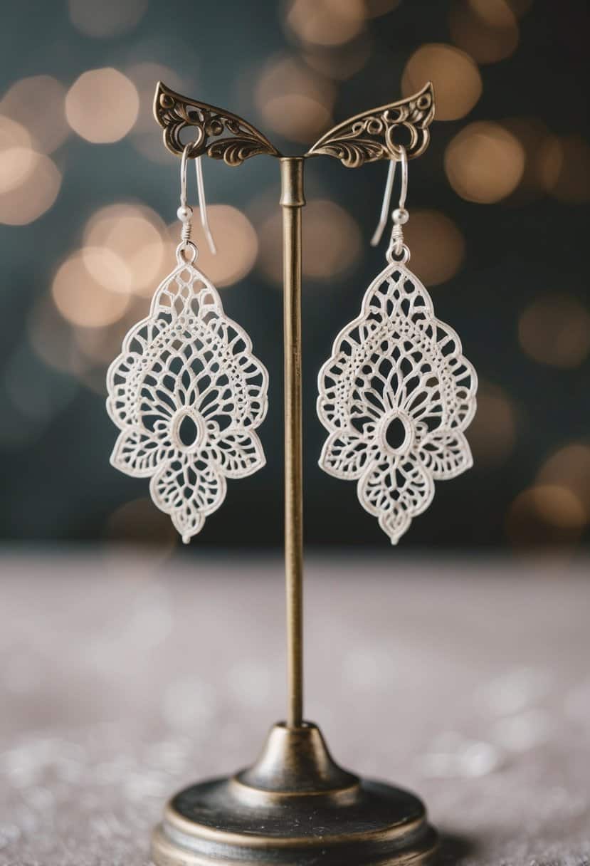 Delicate lace filigree dangle earrings hanging from a vintage-inspired jewelry stand