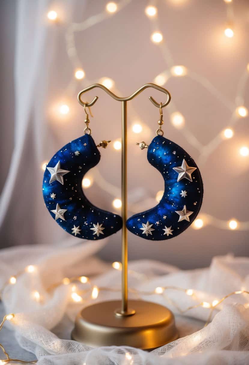 A pair of celestial-themed ear jackets hang from a delicate display, surrounded by twinkling fairy lights and soft, ethereal fabric