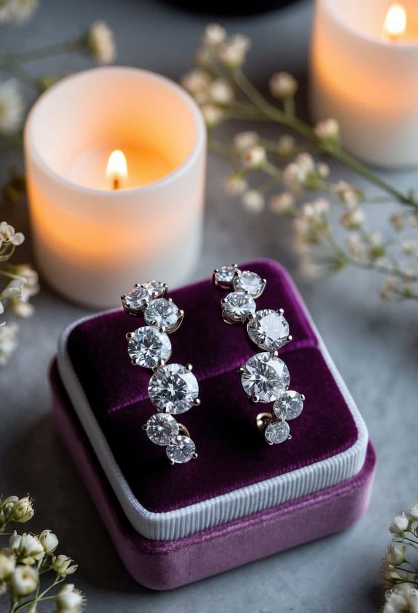 A pair of luxurious diamond crawler earrings displayed on a velvet cushion, surrounded by soft candlelight and delicate floral arrangements