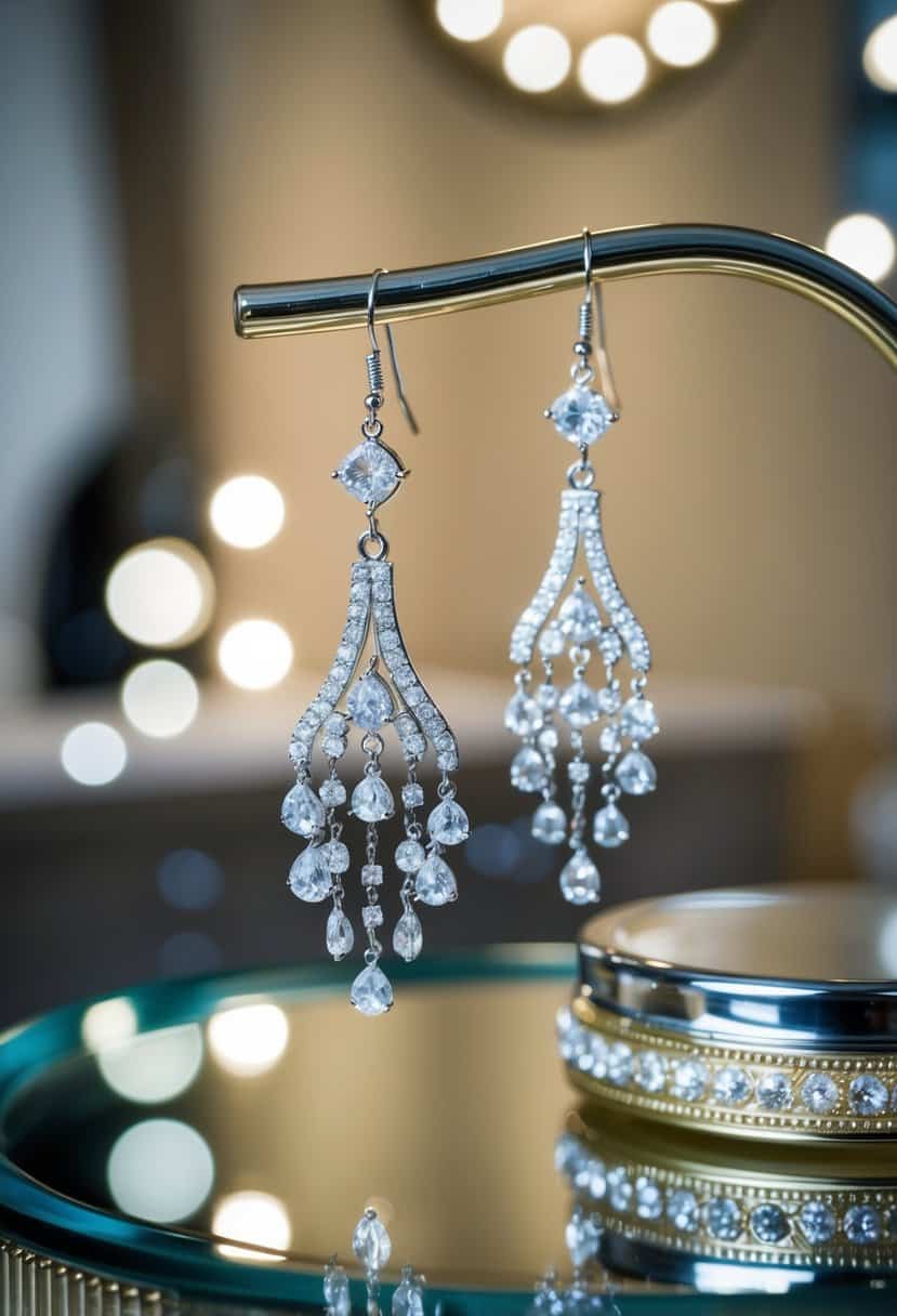 A pair of elegant chandelier earrings by BHLDN dangle delicately, catching the light and casting shimmering reflections across a luxurious bridal dressing table