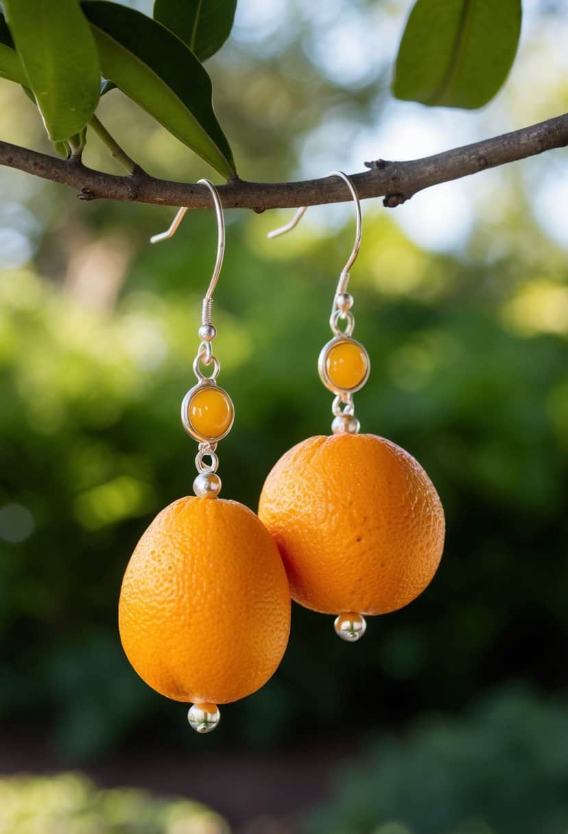 Two mismatched citrus fruit earrings hanging from a tree branch