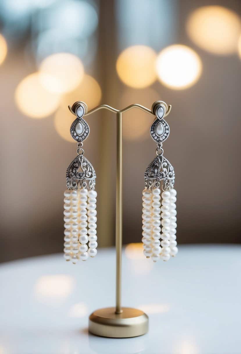 A pair of elegant pearl tassel earrings hanging from a jewelry stand, with soft lighting highlighting their intricate design