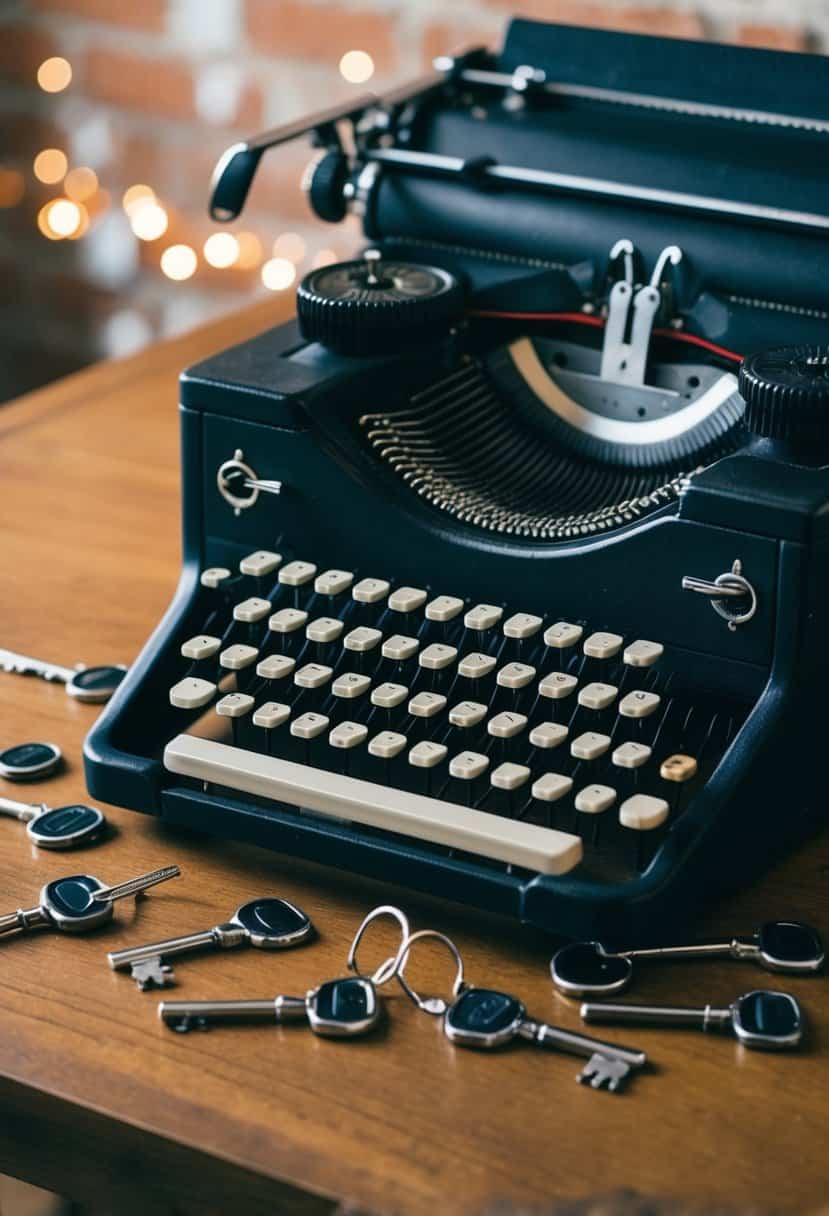 A vintage typewriter sits on a wooden desk, with keys dropped around it. Quirky wedding earring ideas are scattered among the keys