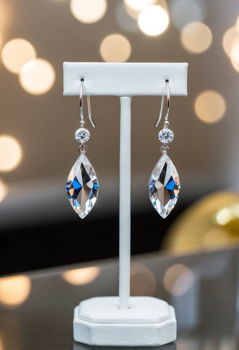 A pair of sparkling crystal drop earrings by Nadri hang delicately from a display stand, catching the light and exuding a sense of elegance and sophistication