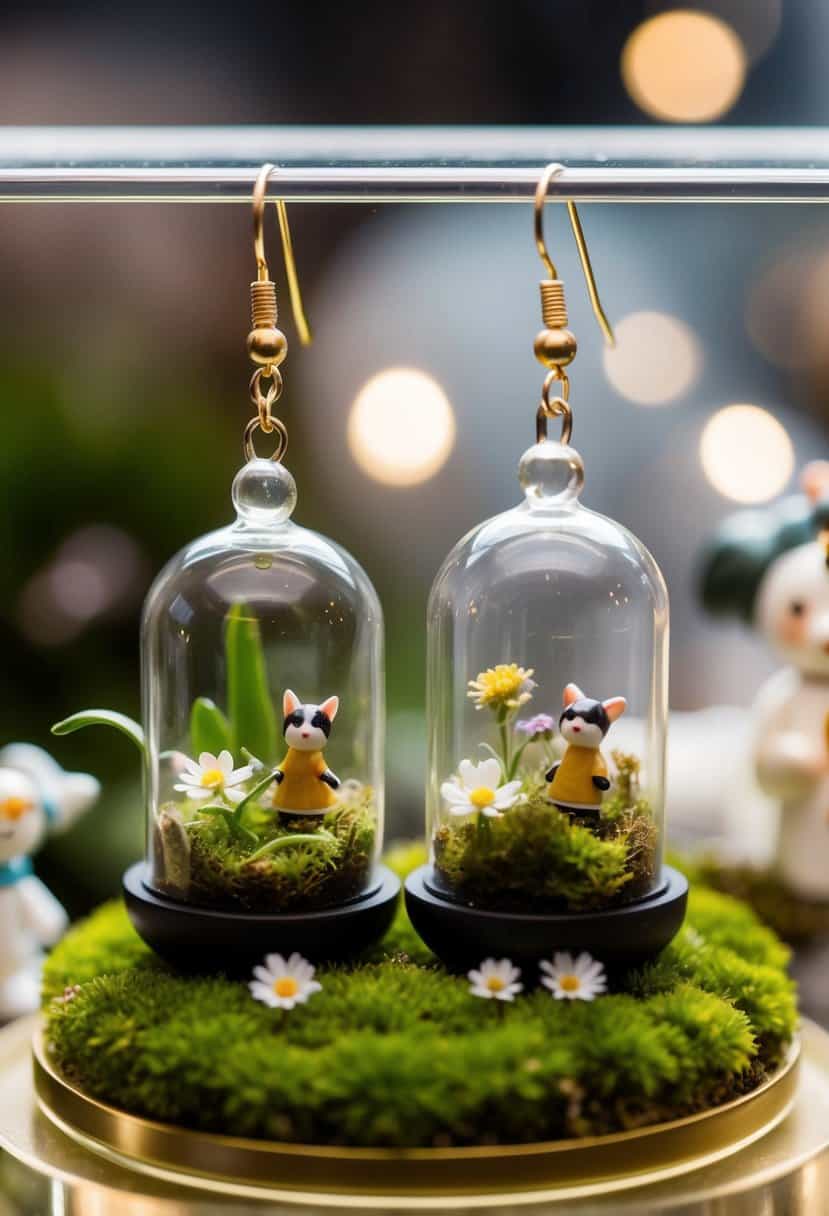 Two tiny terrarium earrings hang from a display, surrounded by moss, tiny flowers, and miniature figurines