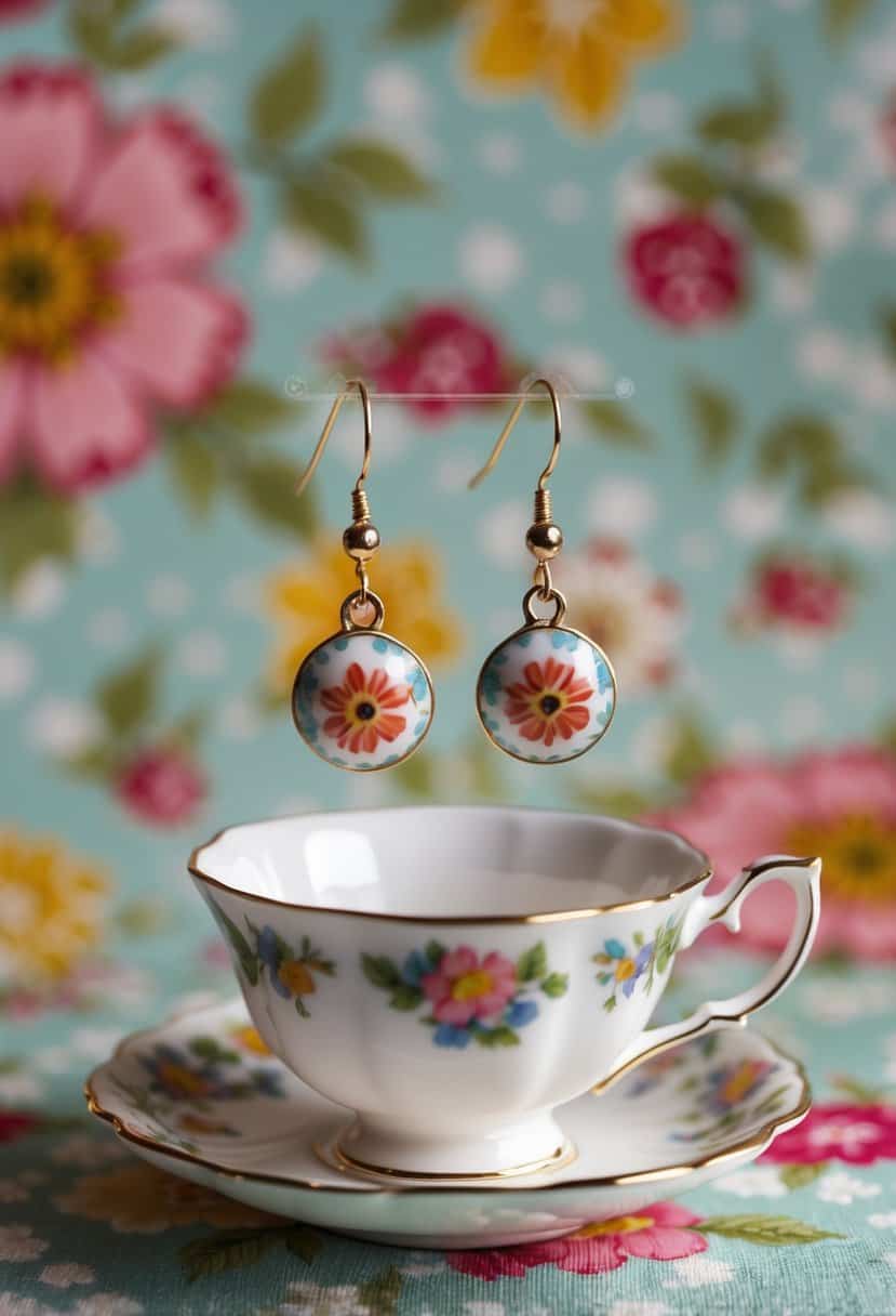 A whimsical teacup and saucer earrings displayed on a floral-patterned background