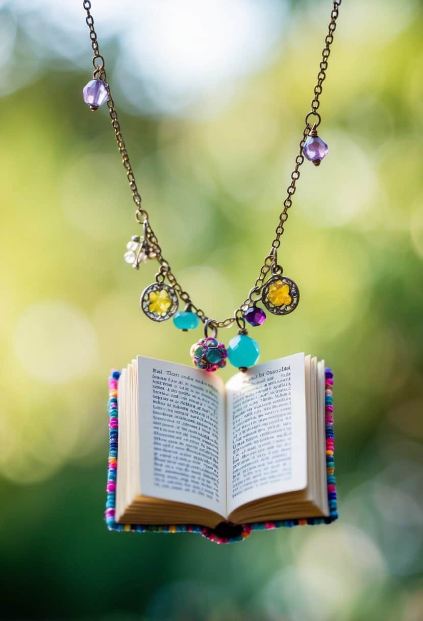 A whimsical miniature book hangs from a delicate chain, adorned with colorful charms and beads, suggesting quirky wedding earring ideas