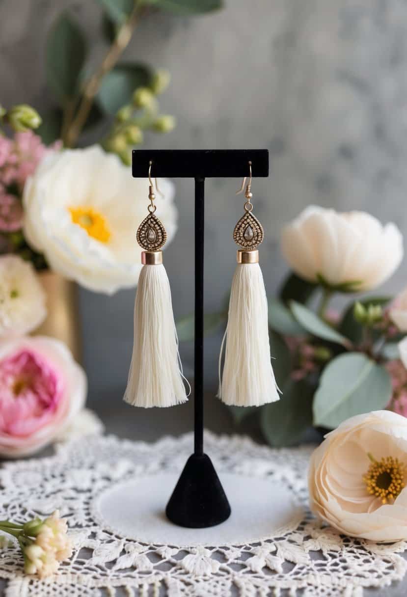 A pair of Bohemian Tassel Earrings by Kendra Scott hanging from a jewelry stand, surrounded by delicate lace and floral decor