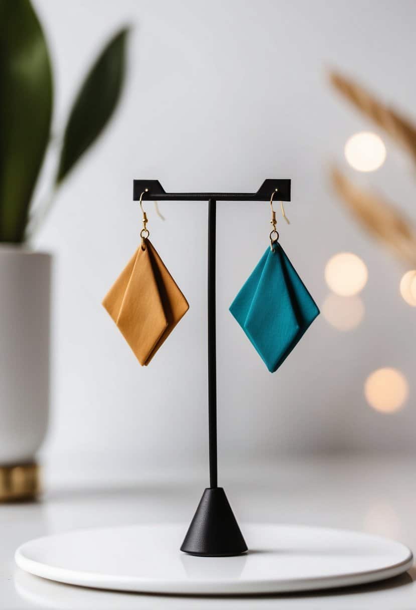 Geometric origami earrings displayed on a white, minimalist background