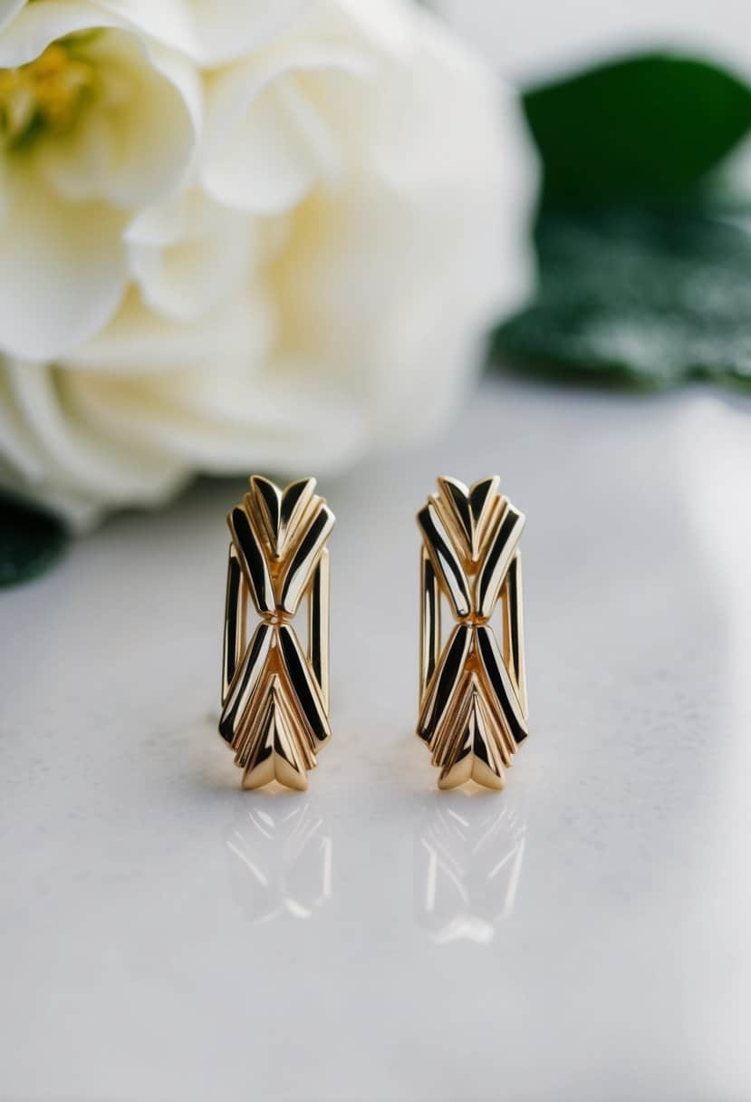 A pair of sleek, geometric Art Deco earrings by Kenneth Jay Lane, perfect for a glamorous wedding ensemble