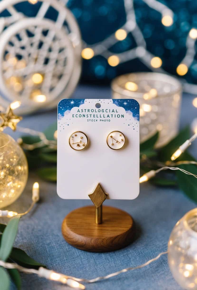 A pair of astrological constellation studs displayed on a whimsical wedding earring board, surrounded by twinkling fairy lights and celestial-themed decor