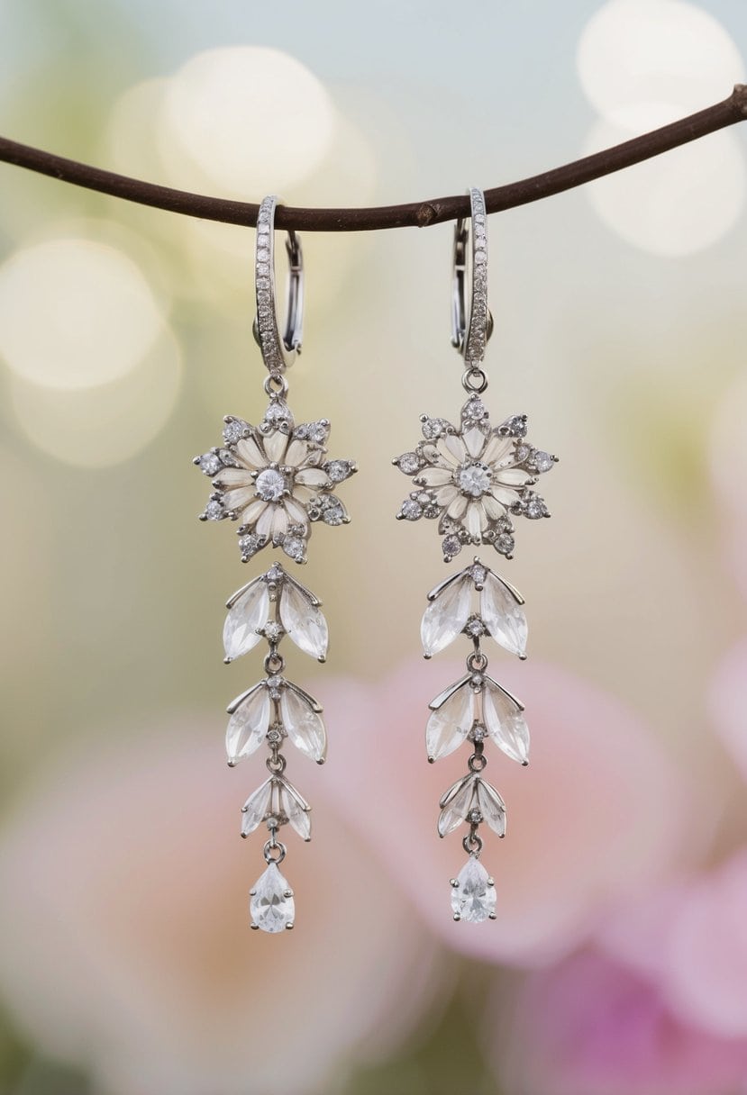 A pair of intricate floral dangle earrings by Oscar de la Renta, featuring delicate petals and shimmering gemstones, hang elegantly against a soft, dreamy background