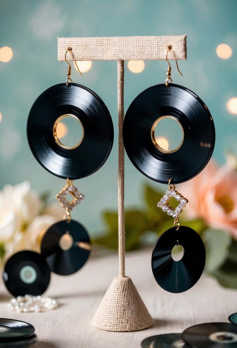 A pair of vinyl record dangle earrings hanging from a decorative earring stand, surrounded by other unique and quirky wedding earring ideas