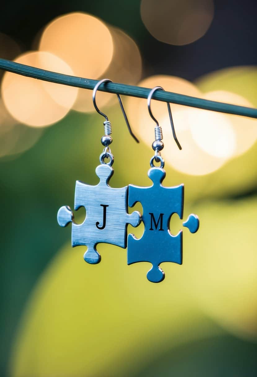 Two puzzle pieces interlocked, one with initials "J" and "M", dangling from silver earrings