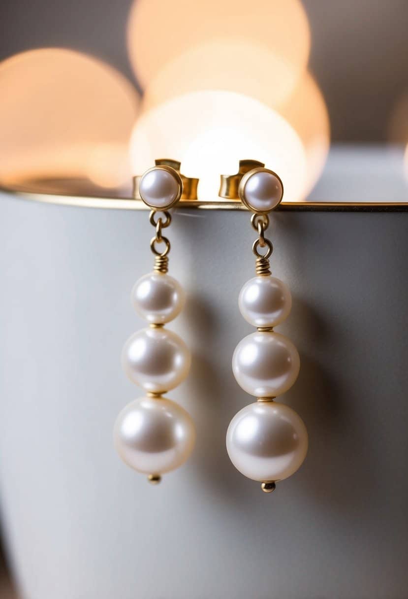 A close-up of tiered pearl earrings by Anthropologie, with soft lighting to showcase the delicate details