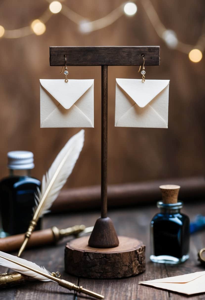 Two love letter envelope earrings dangling from a rustic wooden jewelry stand, surrounded by vintage quills and ink bottles