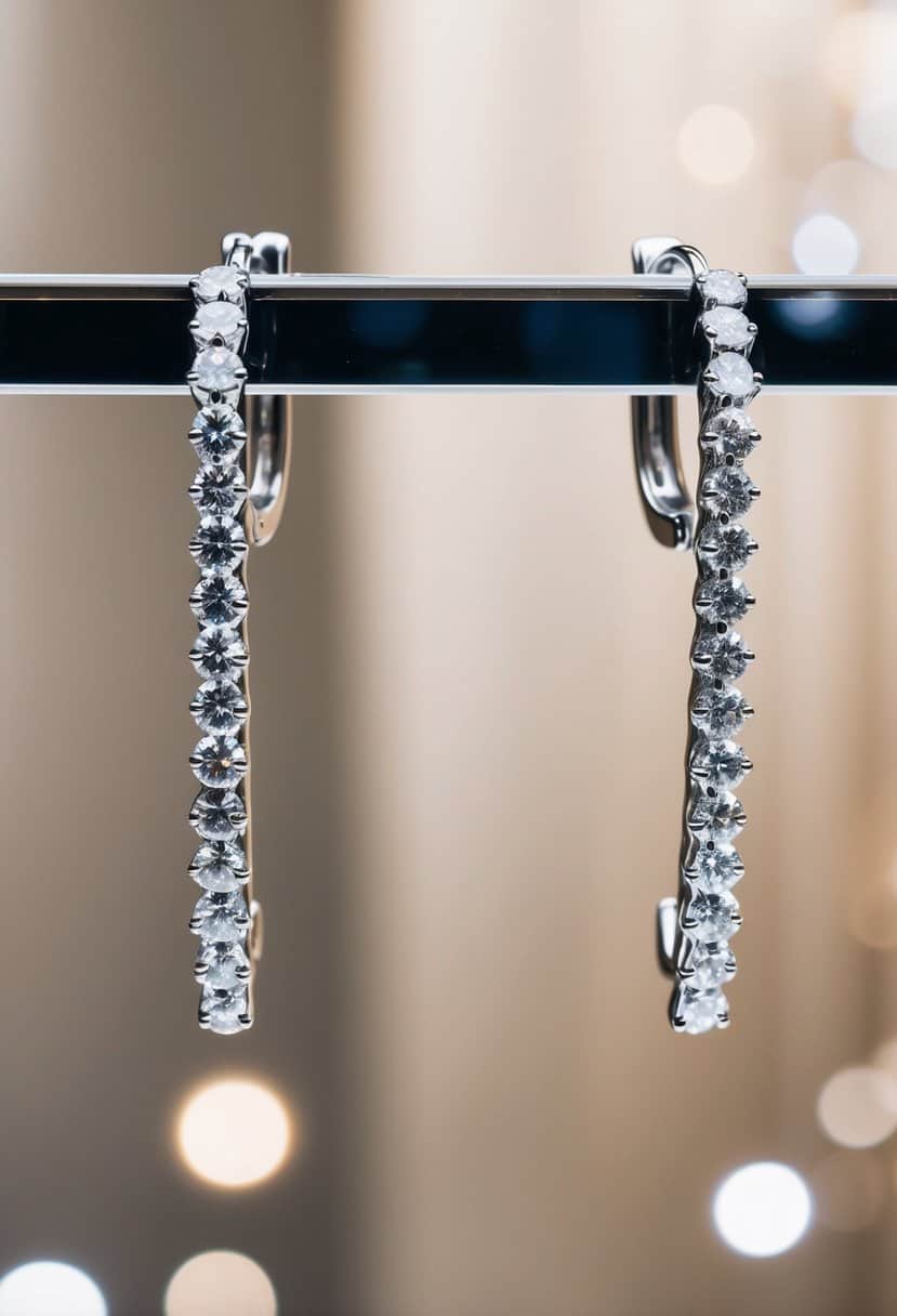 A pair of elegant diamond line earrings dangle from a display, catching the light and sparkling with sophistication