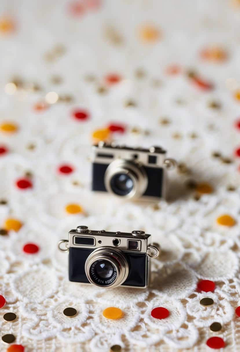 Two tiny camera earrings on a white lace background with scattered confetti