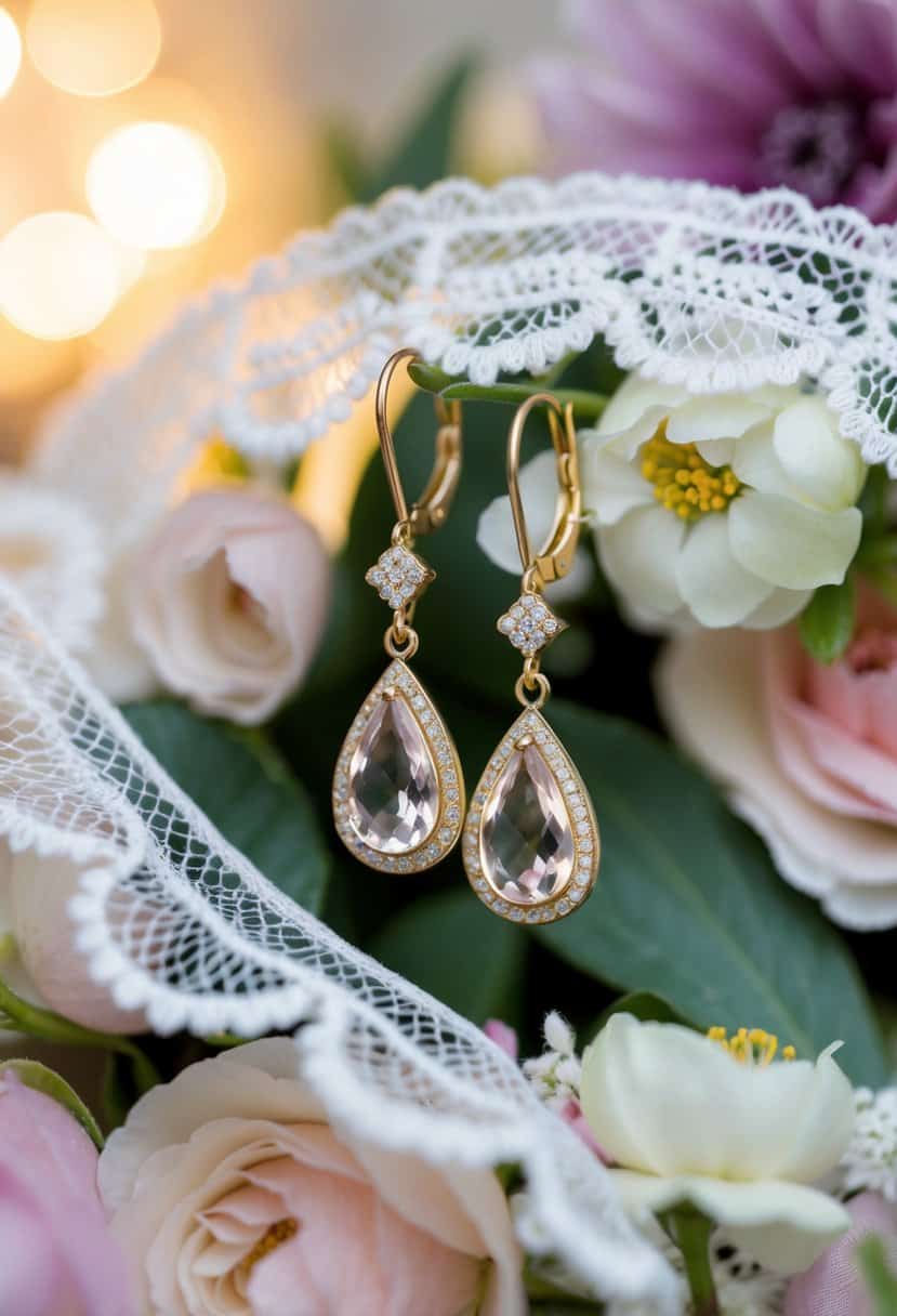 A close-up of teardrop earrings by Kate Spade, surrounded by delicate lace and floral details, with soft lighting casting a romantic glow