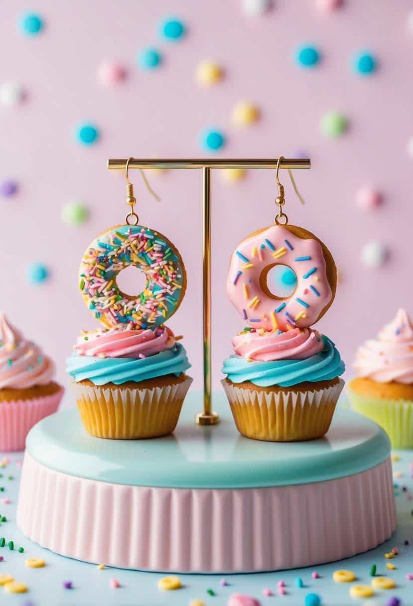 A colorful cupcake and donut duo earring, with sprinkles and frosting, displayed on a pastel dessert-themed background