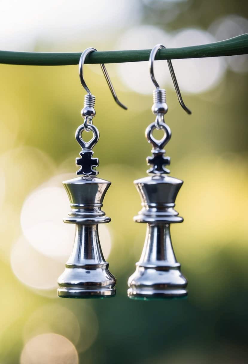 Two tiny chess pieces dangle from silver hooks, glinting in the light. A playful and unique wedding accessory for the unconventional bride