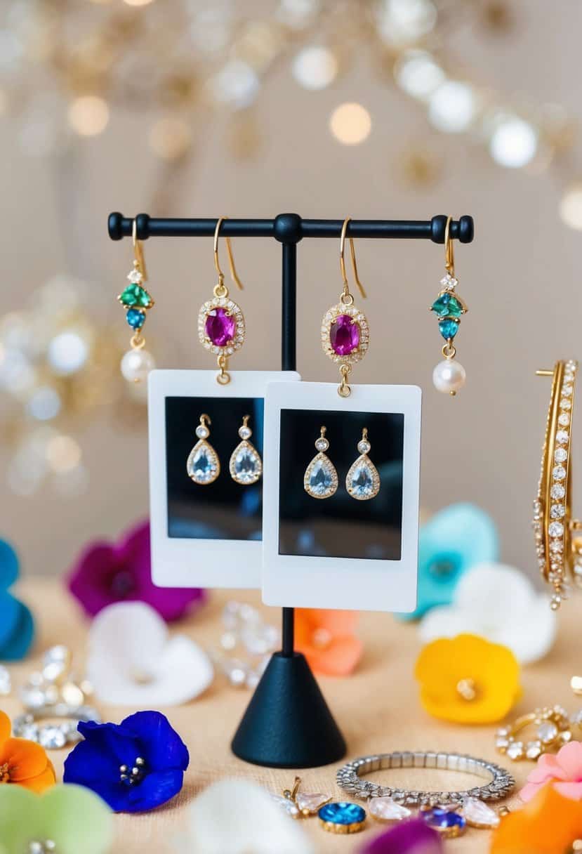 A pair of Polaroid picture earrings hanging from a jewelry stand, surrounded by colorful and unique wedding earring designs