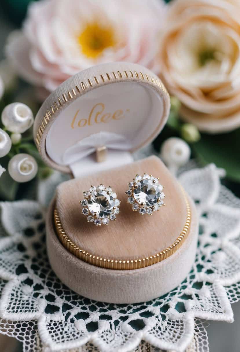 A pair of crystal halo studs shimmering on a velvet display, surrounded by delicate lace and floral accents