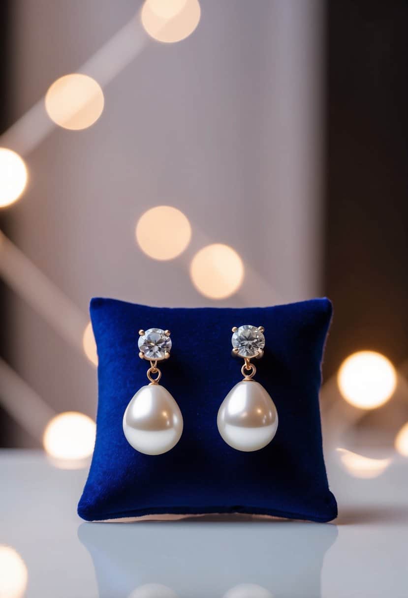 A pair of pearl drop studs displayed on a velvet cushion with soft lighting